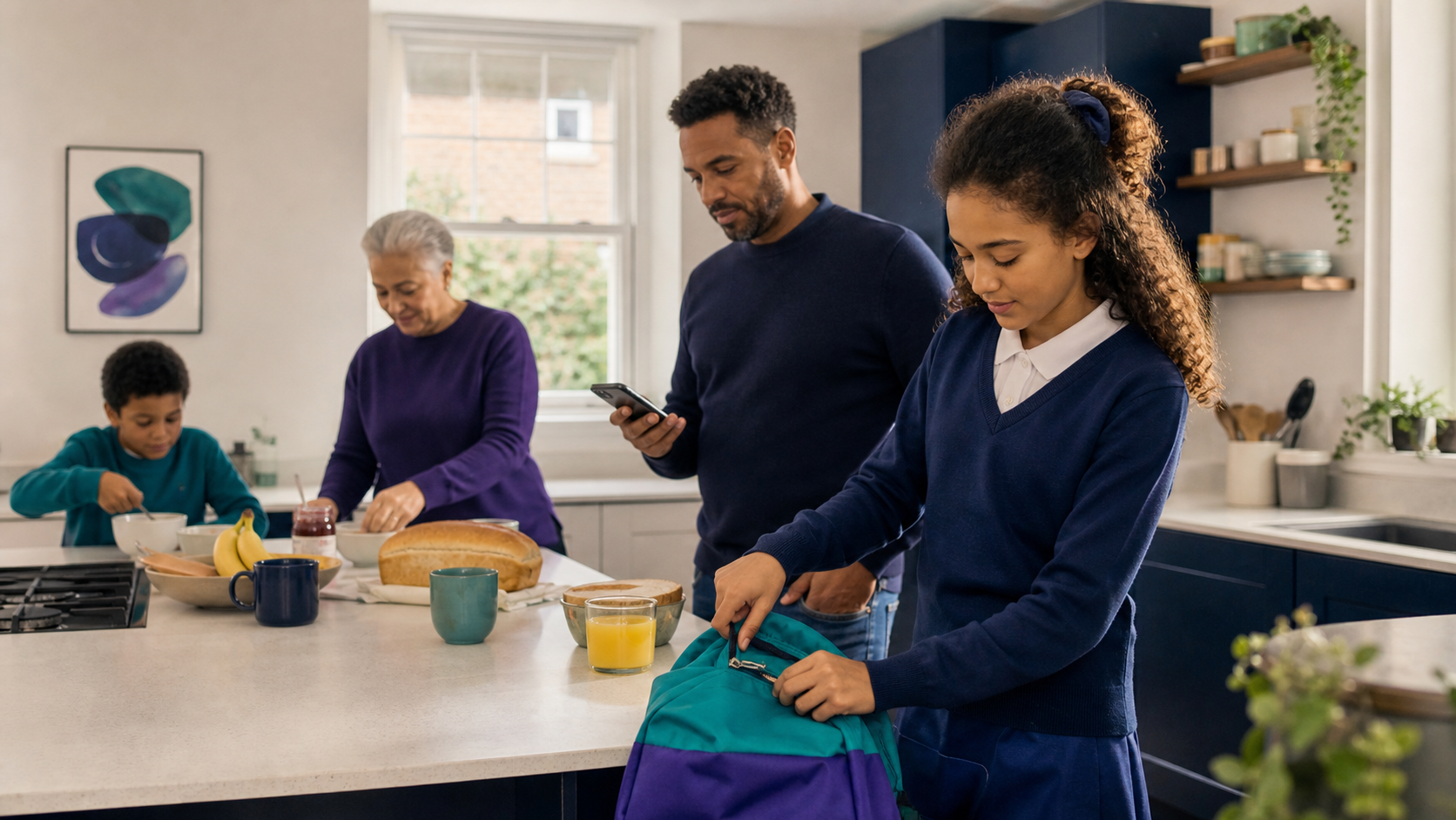 A family preparing breakfast and school items together in a lived-in kitchen